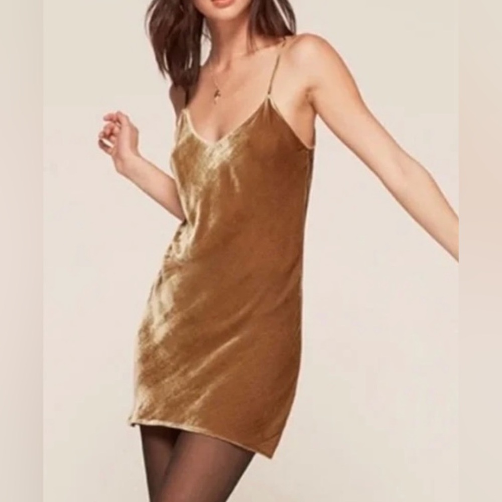 Reformation Gold Velvet Larson Slip Dress